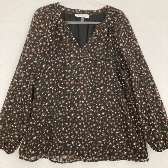 Kasper Brown Black Floral V Neck Long Sleeve Blouse XL Feminine Elegant - Picture 1 of 10